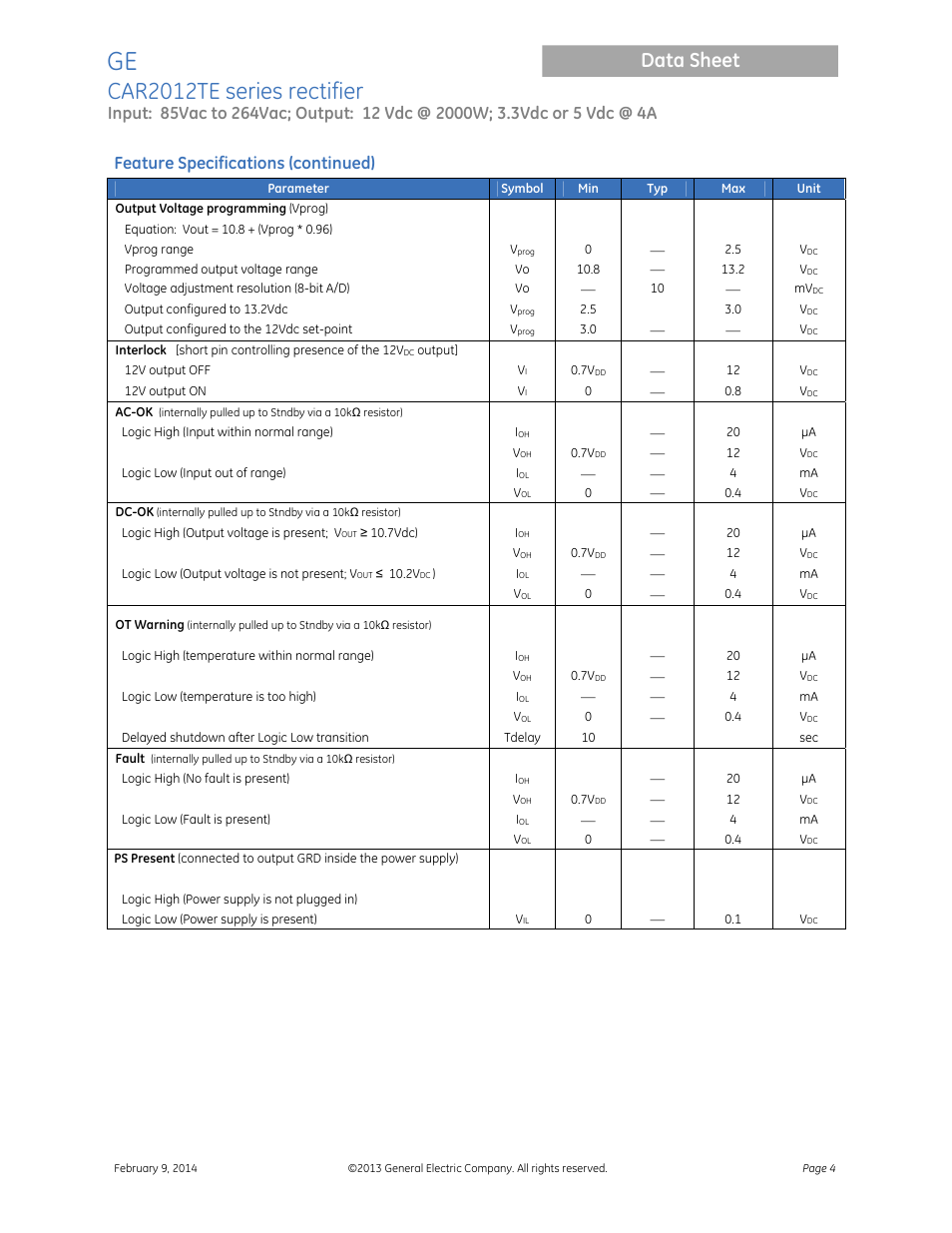 Car2012te series rectifier, Data sheet, Feature specifications (continued) | GE Industrial Solutions CAR2012TE series User Manual | Page 4 / 20