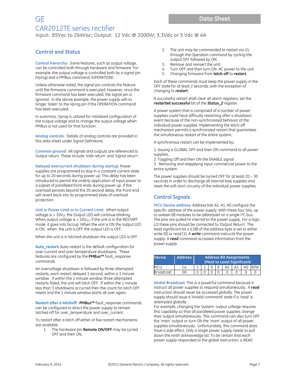 Car2012te series rectifier, Data sheet | GE Industrial Solutions CAR2012TE series User Manual | Page 7 / 20