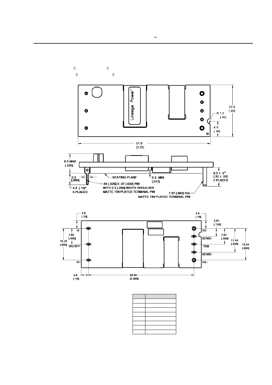 Mechanical outline for through-hole module, Top view, Side view | Bottom view | GE Industrial Solutions ESTW015A0F Series User Manual | Page 13 / 17