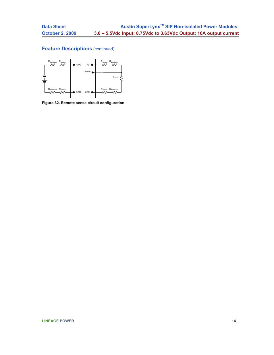 Feature descriptions, Austin superlynx, Continued) | Lineage power 14, Figure 32. remote sense circuit configuration | GE Industrial Solutions Austin SuperLynx SIP User Manual | Page 14 / 18
