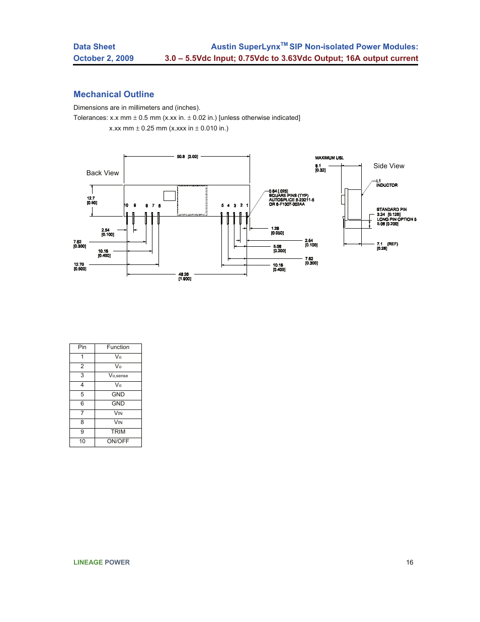 Mechanical outline, Austin superlynx | GE Industrial Solutions Austin SuperLynx SIP User Manual | Page 16 / 18