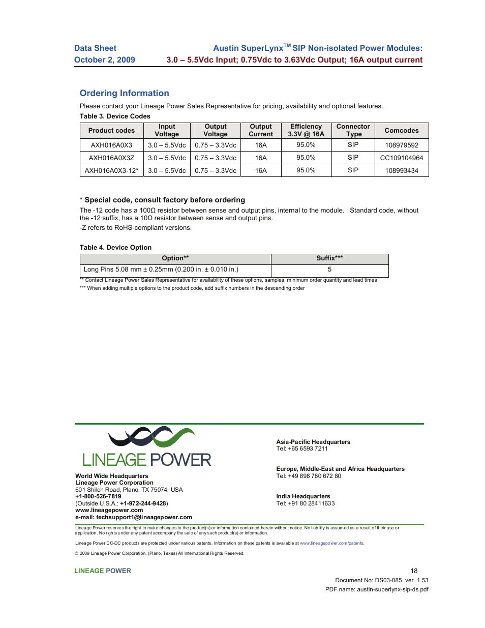 Ordering information | GE Industrial Solutions Austin SuperLynx SIP User Manual | Page 18 / 18