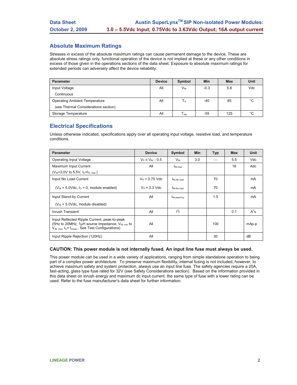Absolute maximum ratings, Electrical specifications, Austin superlynx | GE Industrial Solutions Austin SuperLynx SIP User Manual | Page 2 / 18