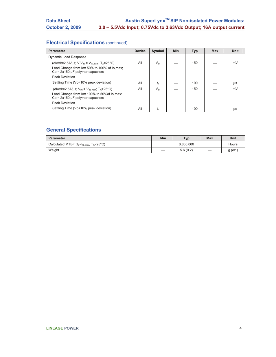 Electrical specifications, General specifications, Austin superlynx | GE Industrial Solutions Austin SuperLynx SIP User Manual | Page 4 / 18