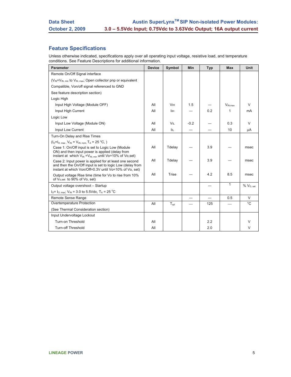 Feature specifications, Austin superlynx | GE Industrial Solutions Austin SuperLynx SIP User Manual | Page 5 / 18