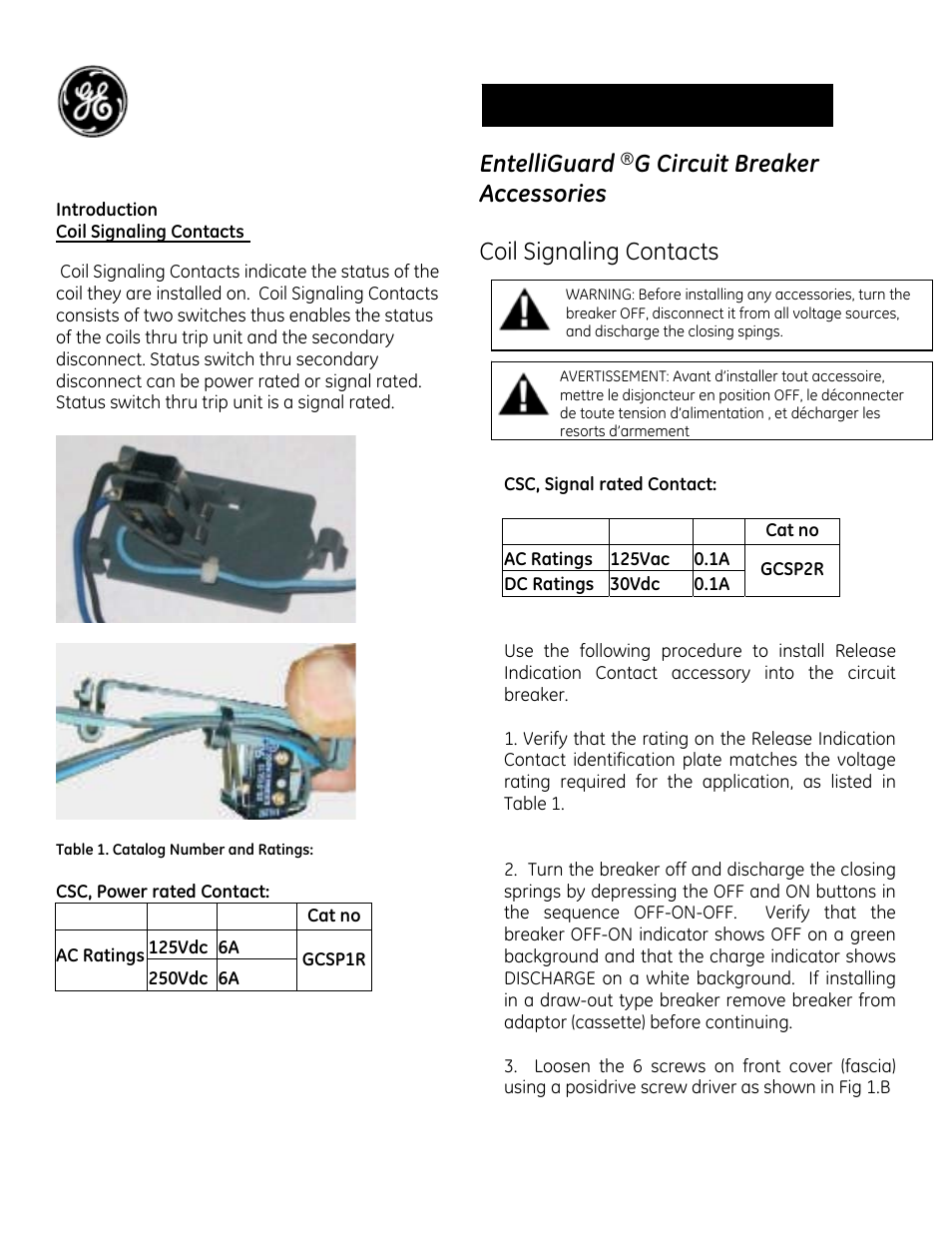 GE Industrial Solutions EntelliGuard G Coil Signaling Contacts User Manual | 4 pages