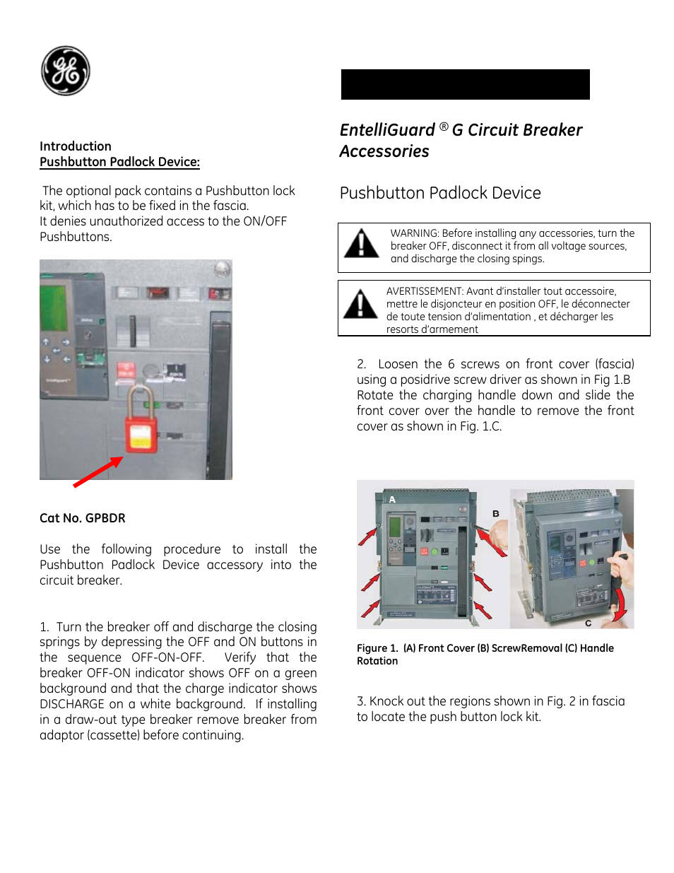 GE Industrial Solutions EntelliGuard G Pushbutton Padlock Device User Manual | 3 pages