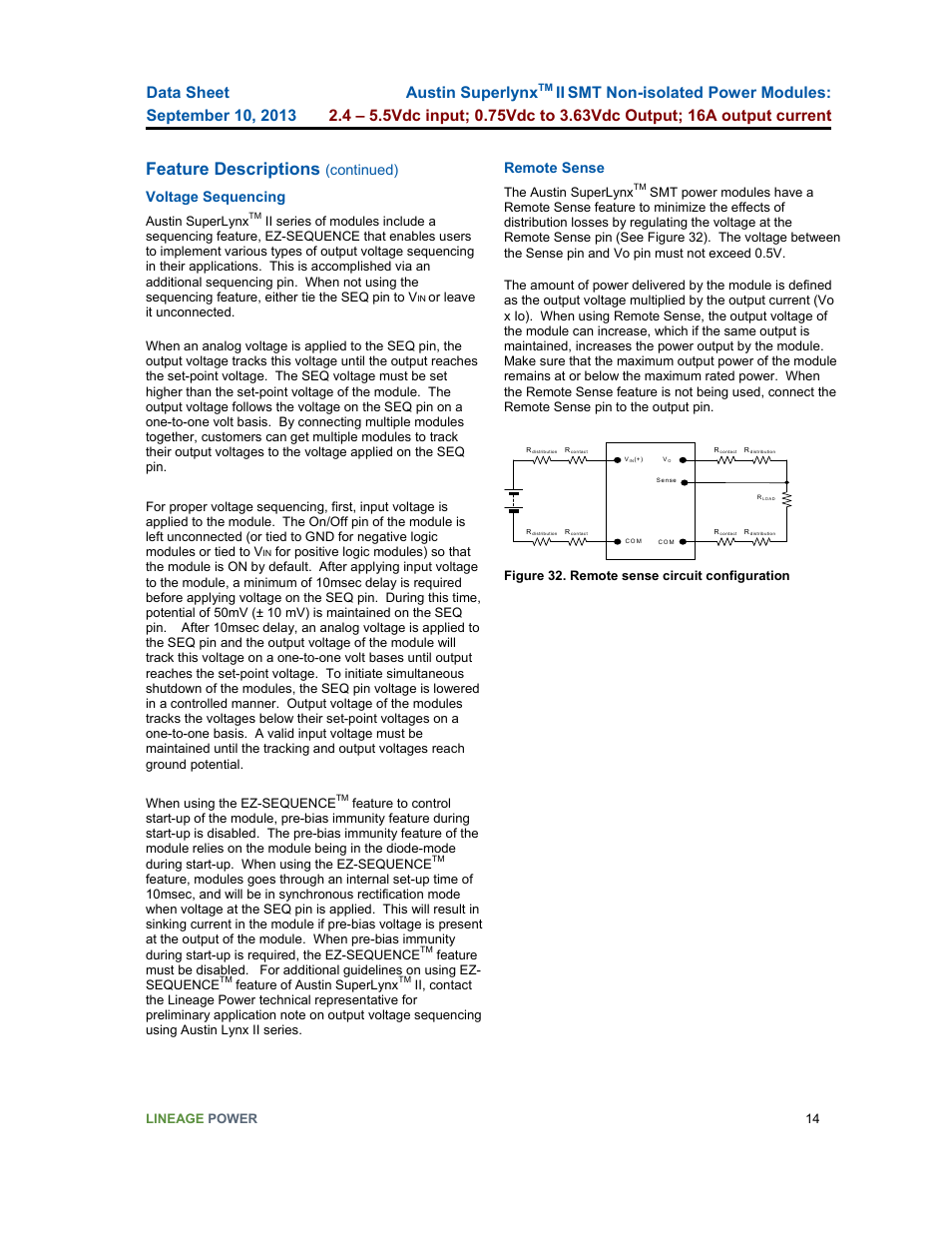 Feature descriptions, Austin superlynx, Continued) voltage sequencing | Remote sense | GE Industrial Solutions Austin SuperLynx II SMT User Manual | Page 14 / 21