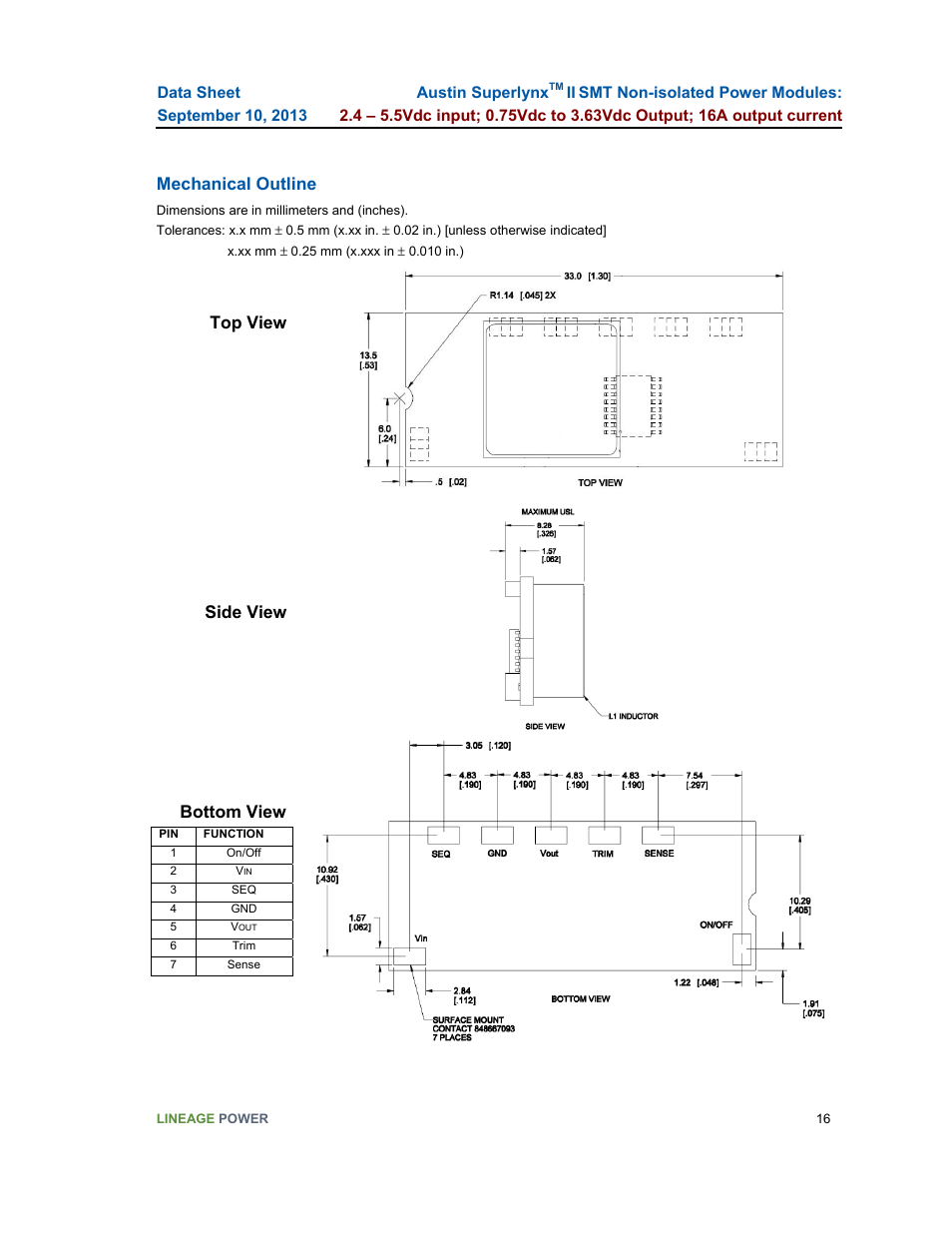 Mechanical outline, Top view, Side view bottom view | GE Industrial Solutions Austin SuperLynx II SMT User Manual | Page 16 / 21