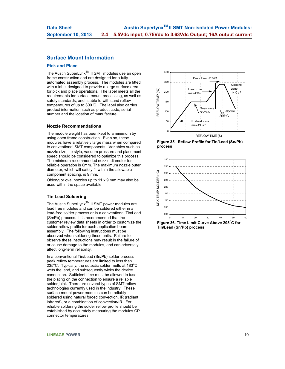 Surface mount information, Austin superlynx, Pick and place | Nozzle recommendations, Tin lead soldering | GE Industrial Solutions Austin SuperLynx II SMT User Manual | Page 19 / 21