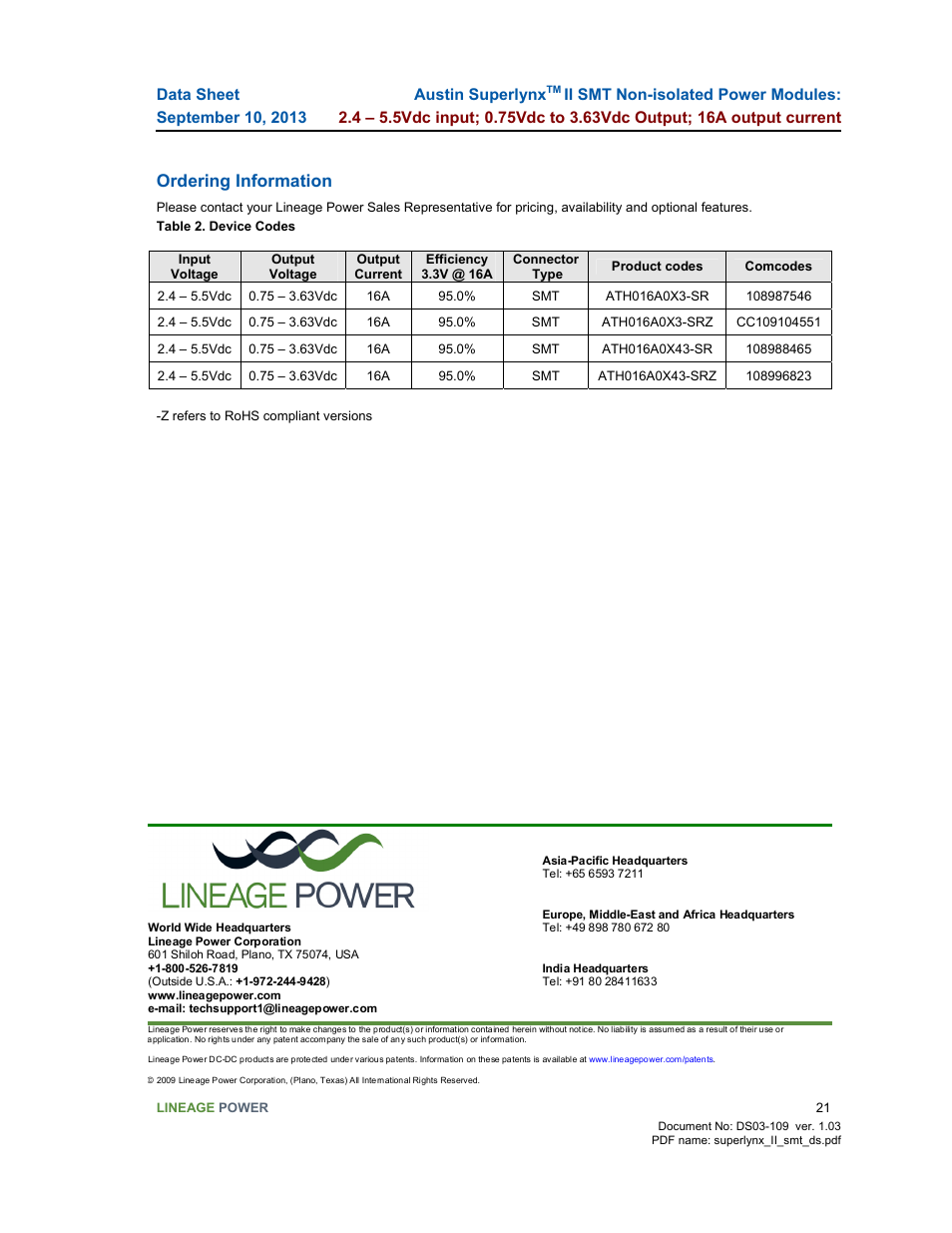 Ordering information | GE Industrial Solutions Austin SuperLynx II SMT User Manual | Page 21 / 21