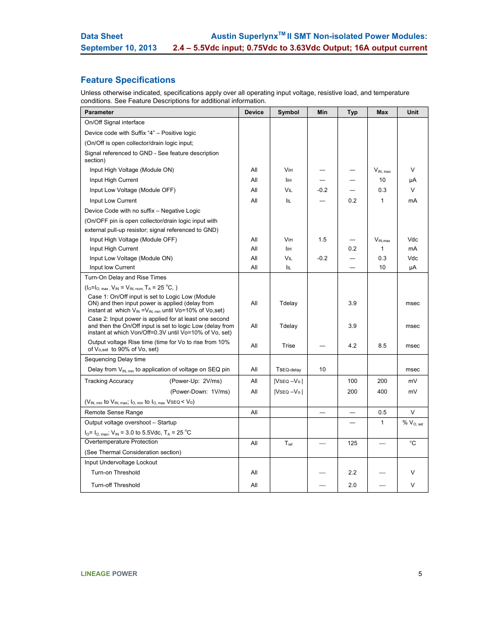 Feature specifications, Austin superlynx | GE Industrial Solutions Austin SuperLynx II SMT User Manual | Page 5 / 21