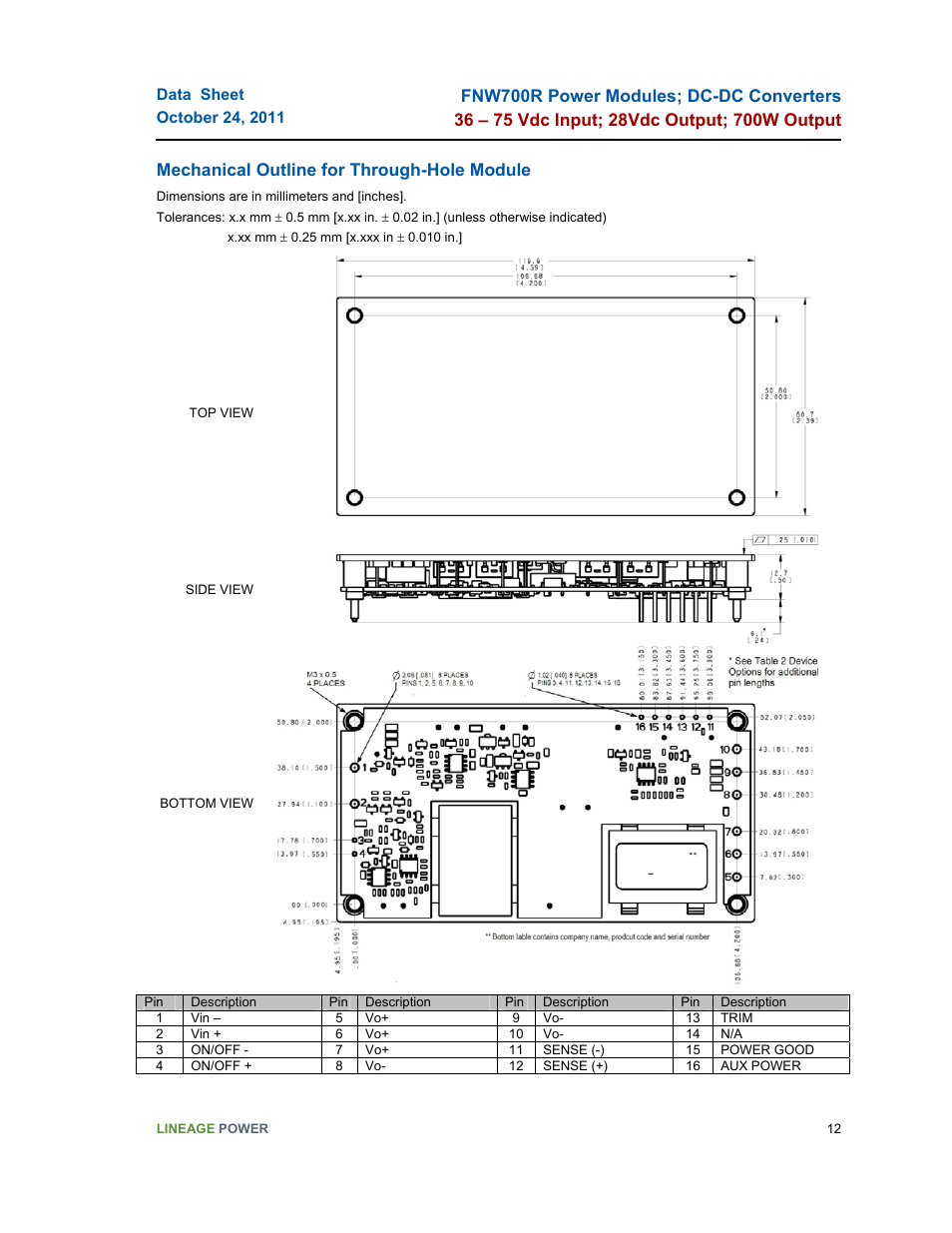 Mechanical outline for through-hole module | GE Industrial Solutions FNW700R Series User Manual | Page 12 / 14