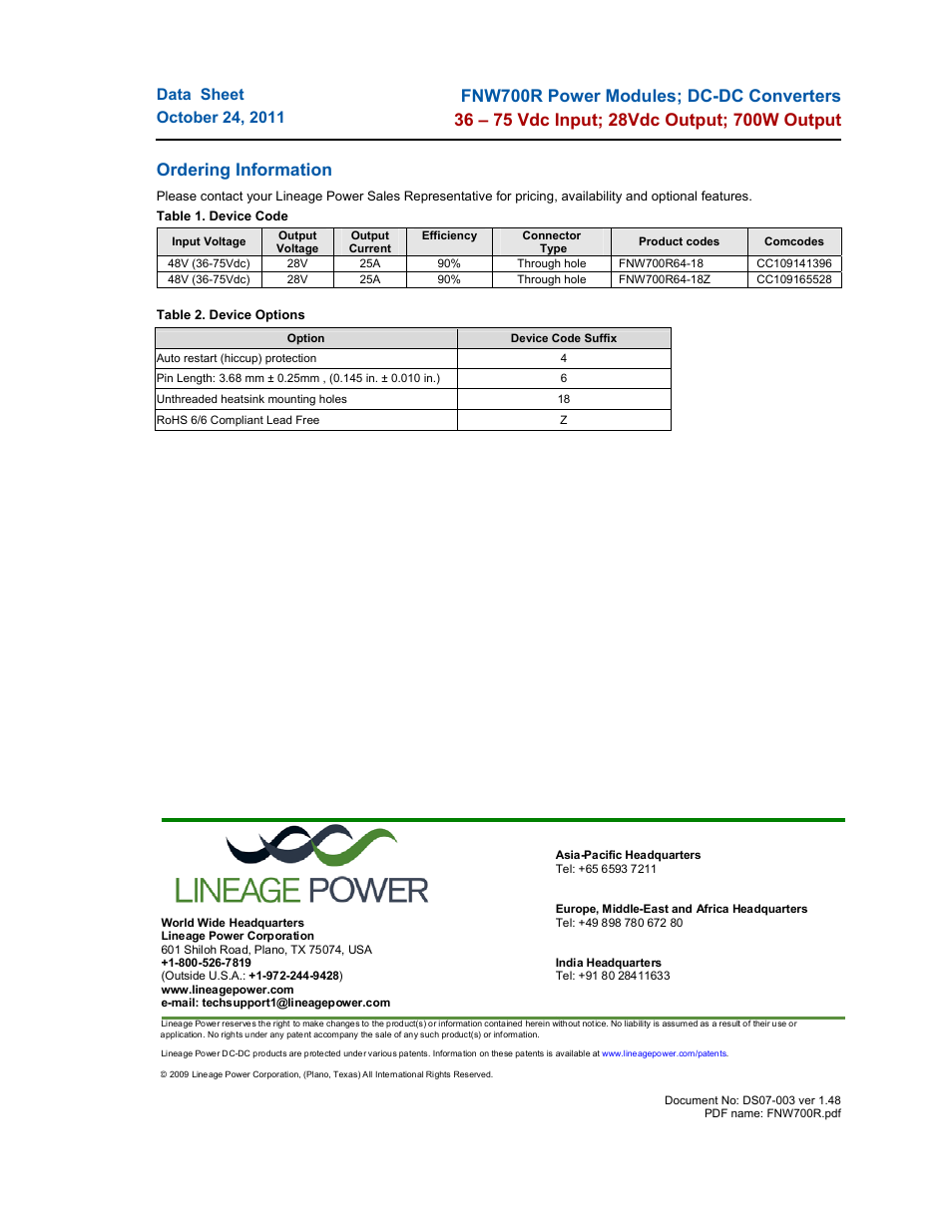 Ordering information | GE Industrial Solutions FNW700R Series User Manual | Page 14 / 14