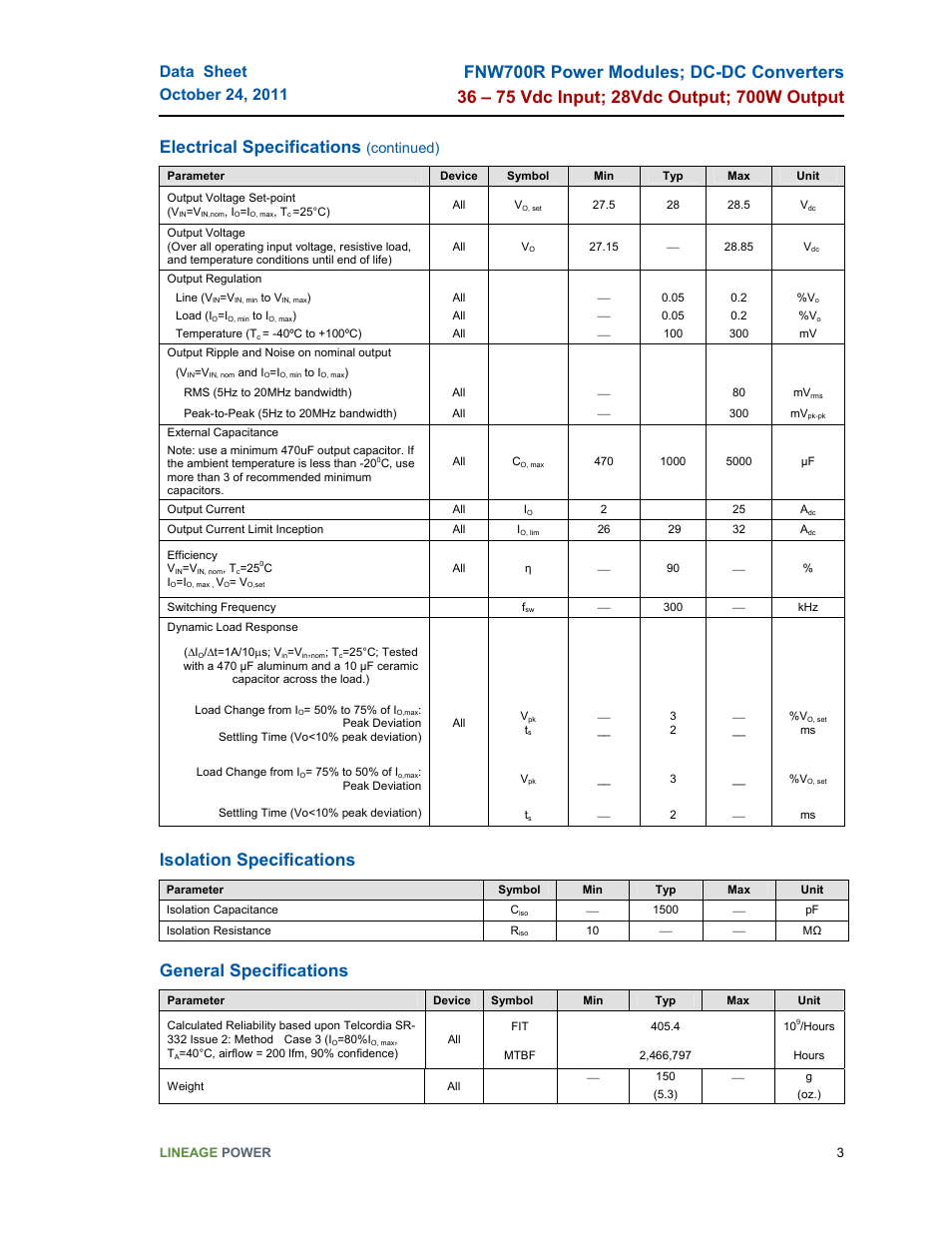 Electrical specifications, Isolation specifications, General specifications | Continued) | GE Industrial Solutions FNW700R Series User Manual | Page 3 / 14