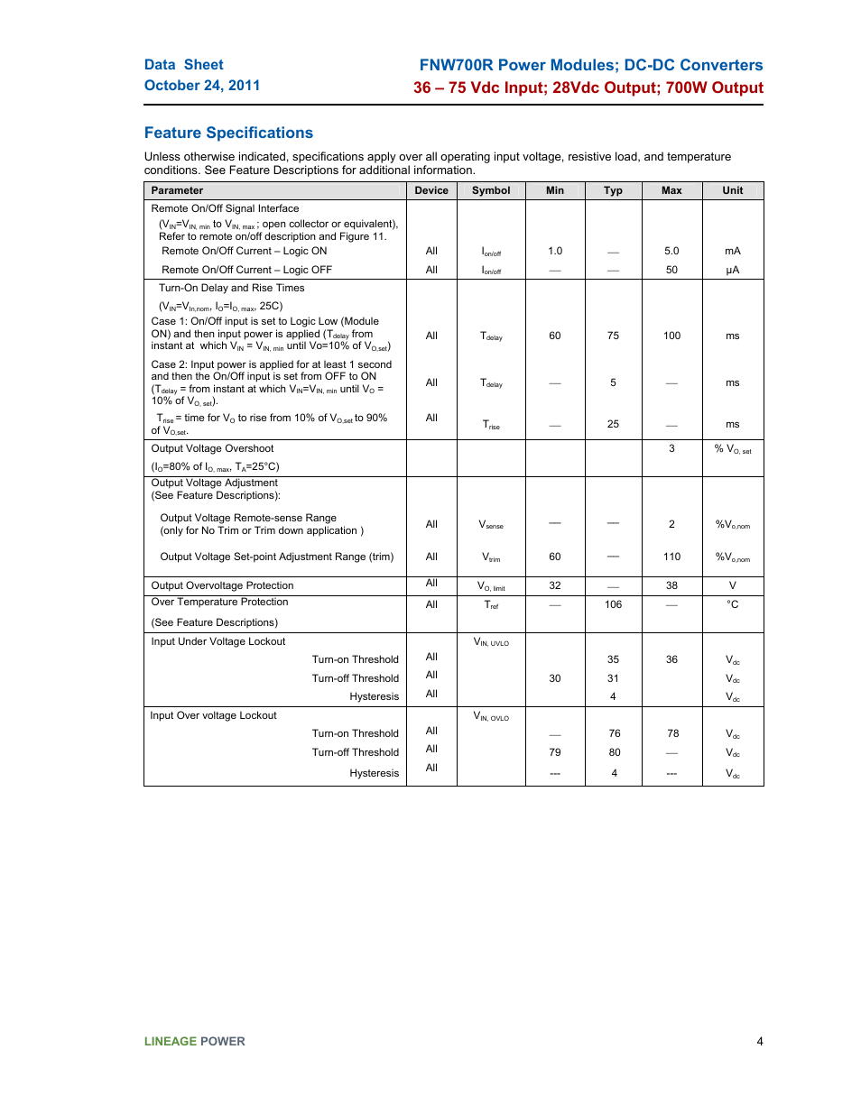 Feature specifications | GE Industrial Solutions FNW700R Series User Manual | Page 4 / 14