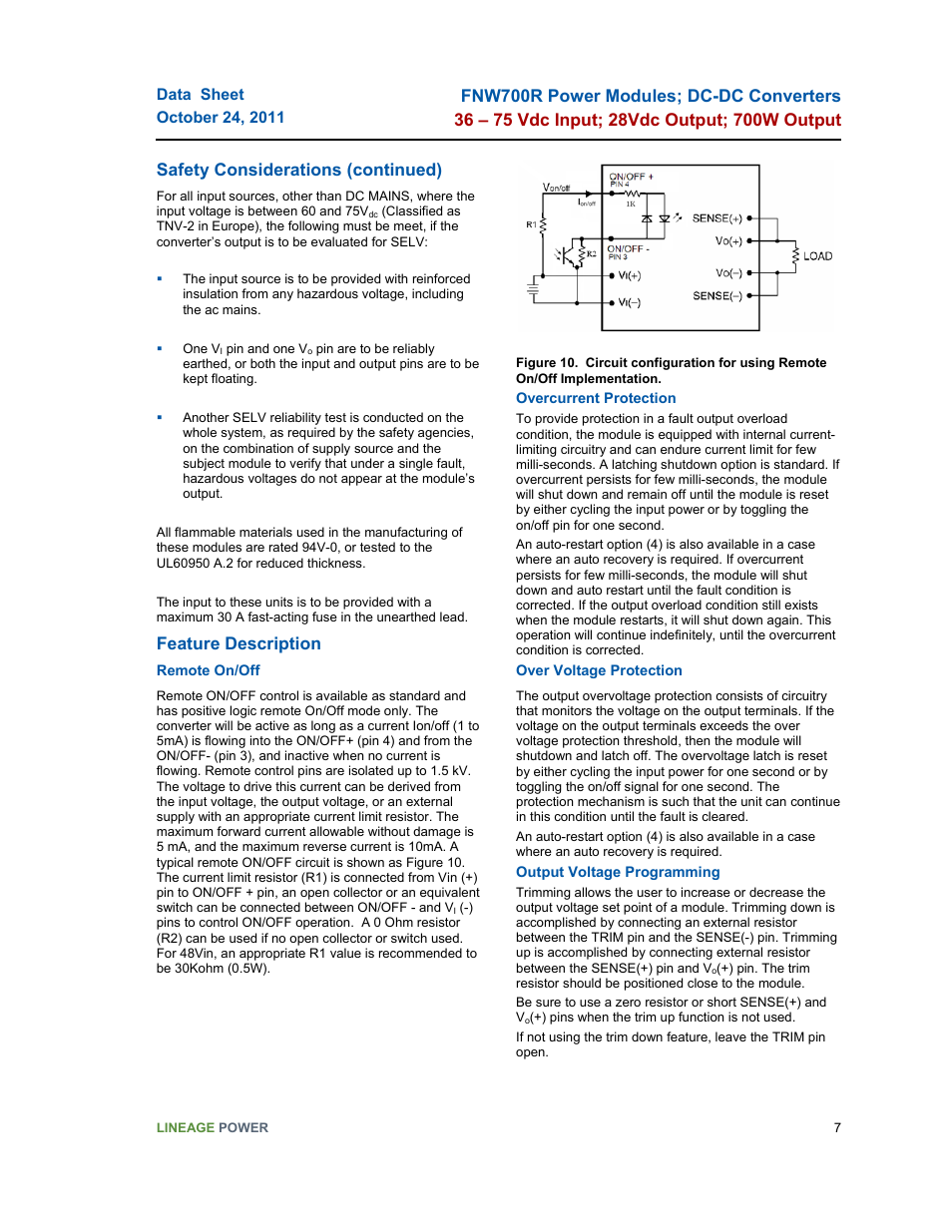 Safety considerations (continued), Feature description | GE Industrial Solutions FNW700R Series User Manual | Page 7 / 14