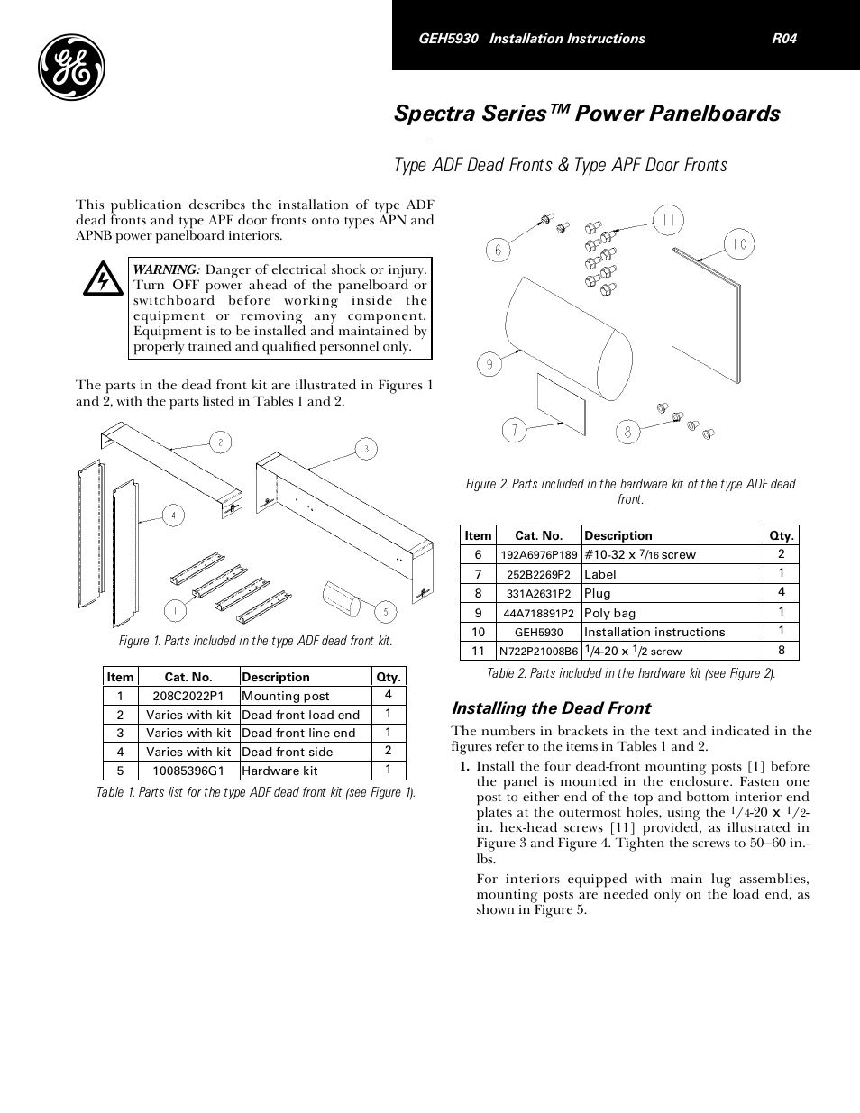 GE Industrial Solutions Spectra Series ADF Dead Fronts & Type APF Door Fronts User Manual | 4 pages