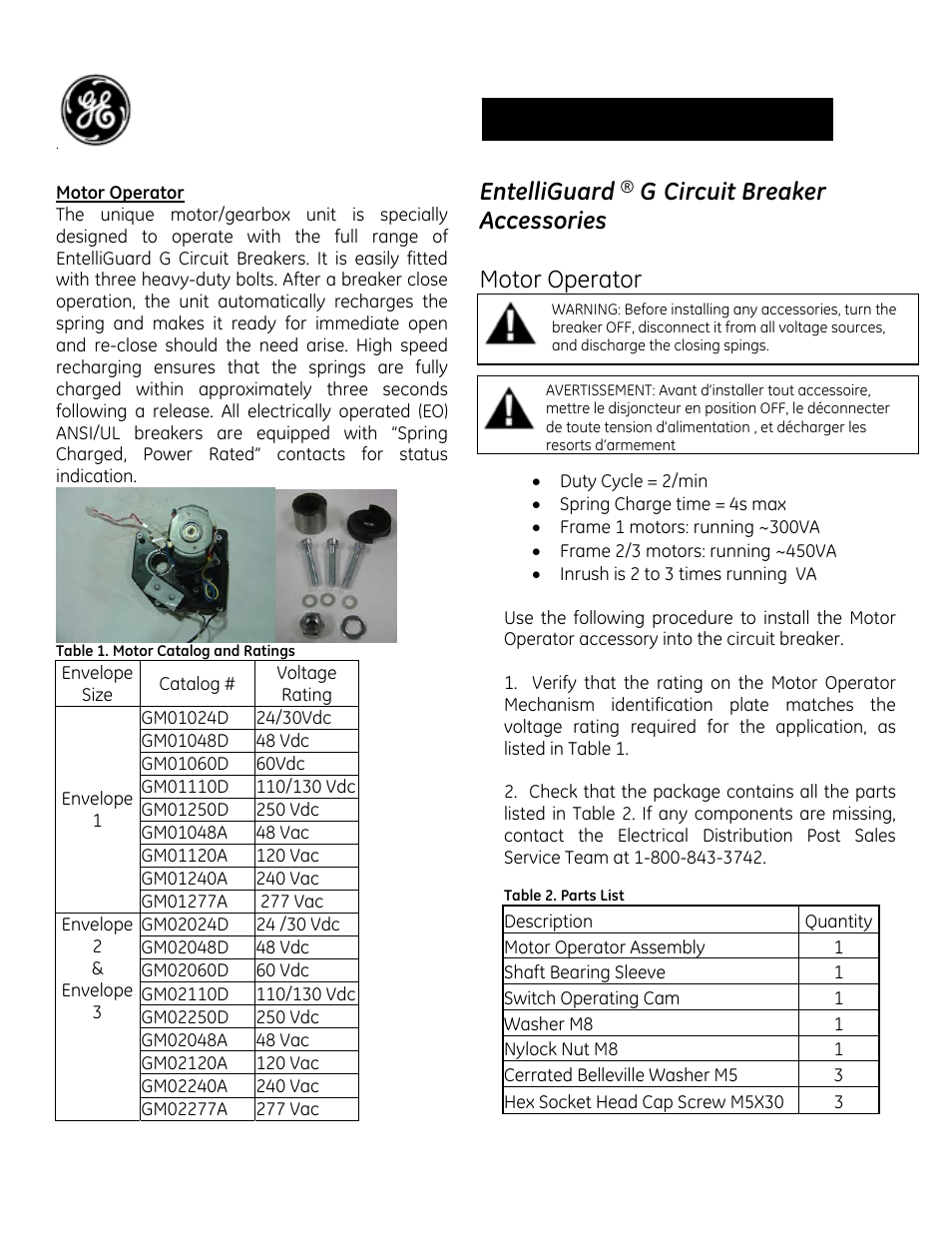 GE Industrial Solutions EntelliGuard G Motor Operator User Manual | 4 pages