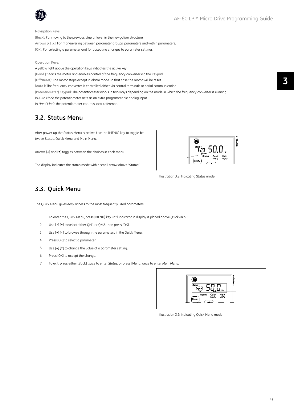 Status menu, Quick menu, Af-60 lp™ micro drive programming guide | GE Industrial Solutions AF-60 LP Micro Drive User Manual | Page 10 / 86