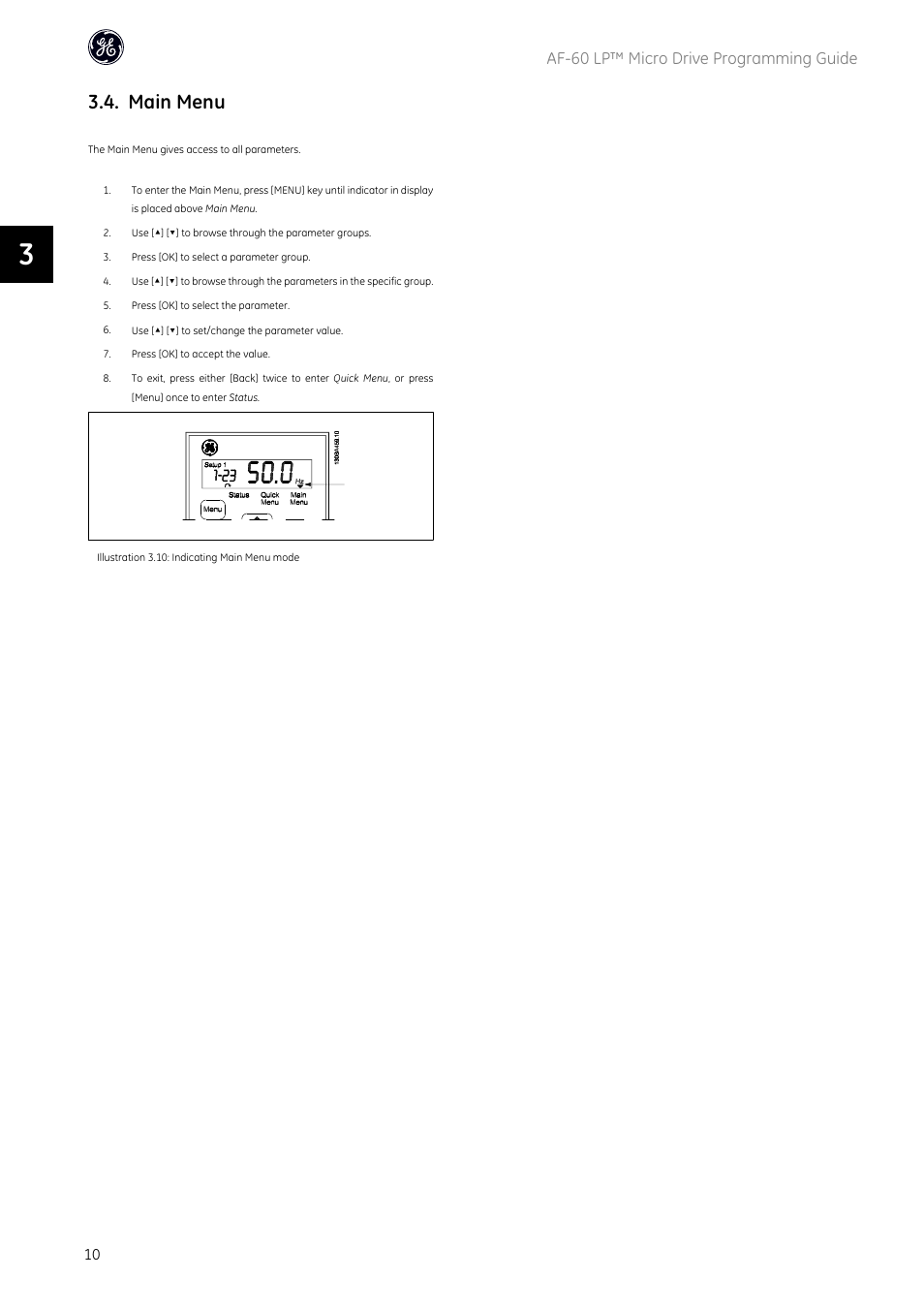 Main menu, Af-60 lp™ micro drive programming guide | GE Industrial Solutions AF-60 LP Micro Drive User Manual | Page 11 / 86