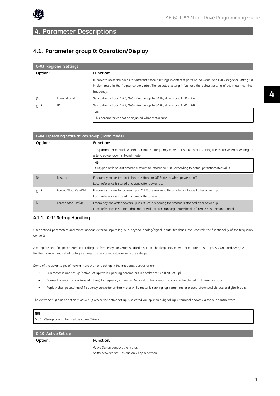 Parameter descriptions, Parameter group 0: operation/display, Af-60 lp™ micro drive programming guide | GE Industrial Solutions AF-60 LP Micro Drive User Manual | Page 12 / 86