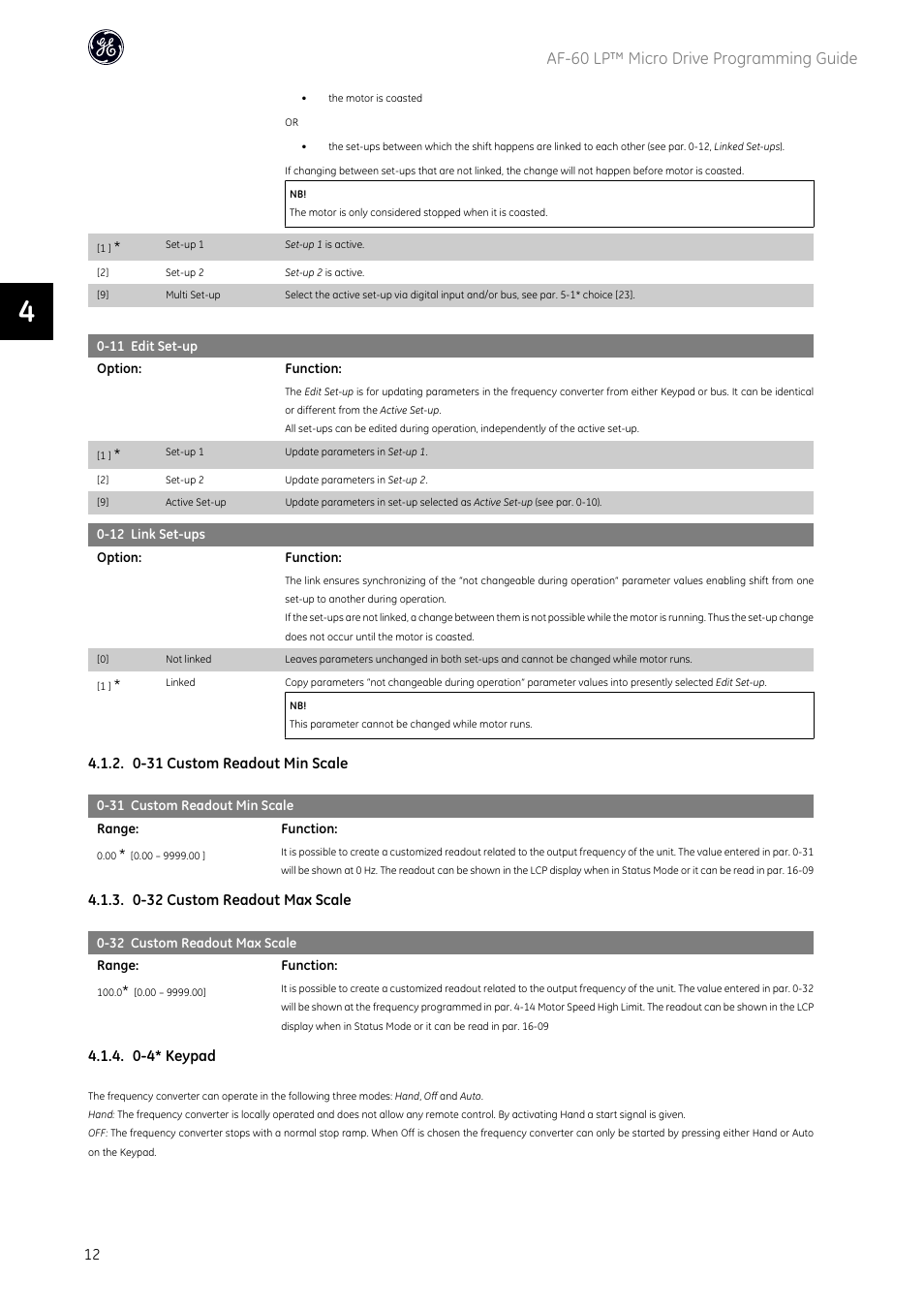 Af-60 lp™ micro drive programming guide, 0-31 custom readout min scale, 0-32 custom readout max scale | 0-4* keypad | GE Industrial Solutions AF-60 LP Micro Drive User Manual | Page 13 / 86