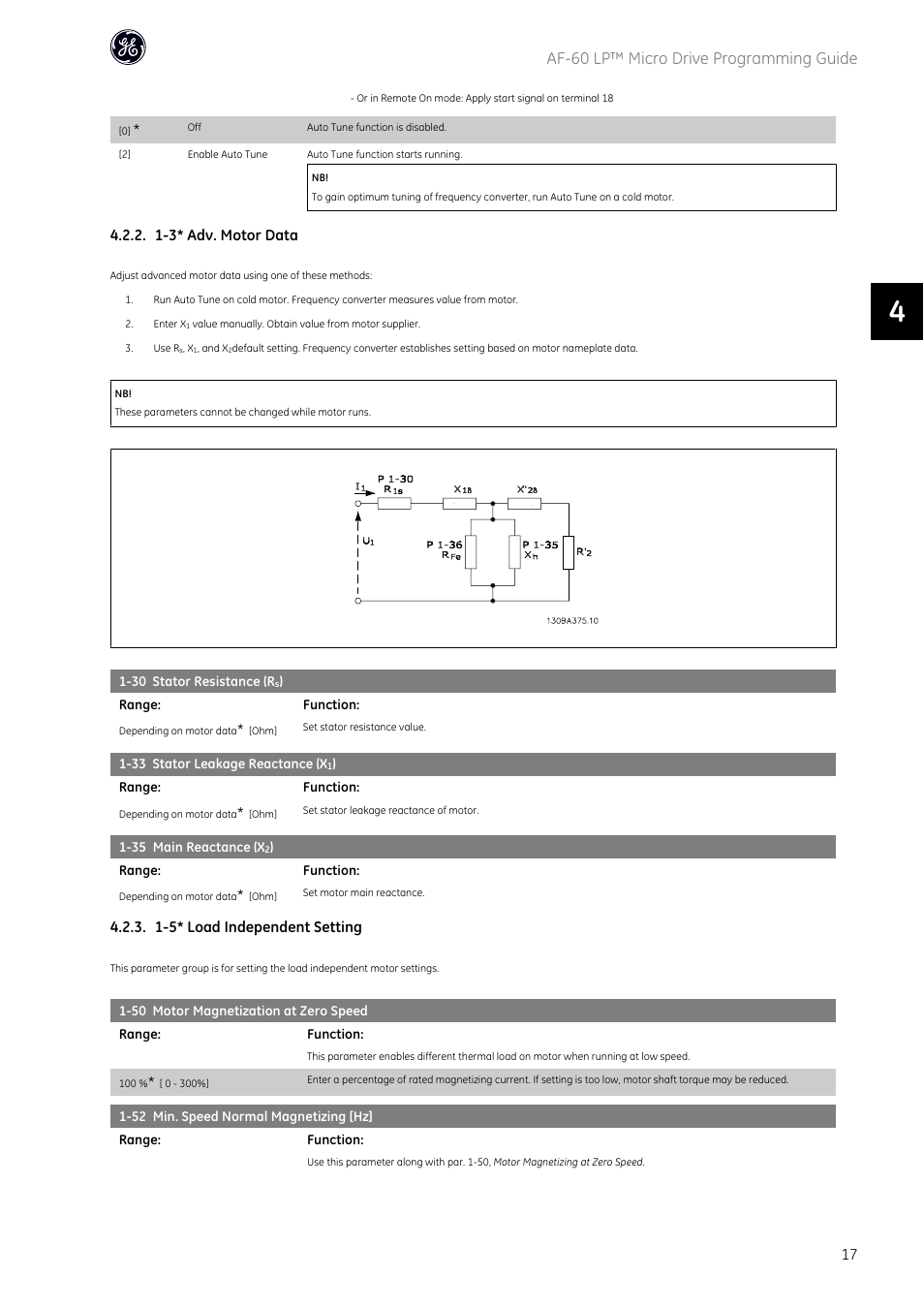 Af-60 lp™ micro drive programming guide, 1-3* adv. motor data, 1-5* load independent setting | GE Industrial Solutions AF-60 LP Micro Drive User Manual | Page 18 / 86