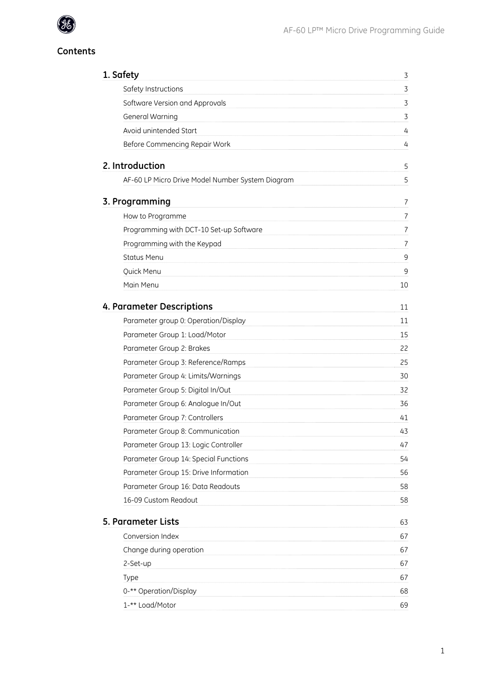 Contents 1. safety, Introduction, Programming | Parameter descriptions, Parameter lists | GE Industrial Solutions AF-60 LP Micro Drive User Manual | Page 2 / 86