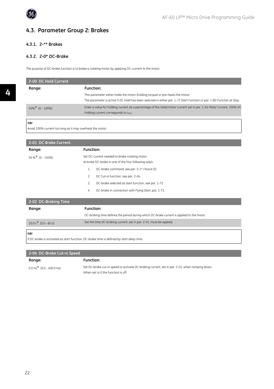 Parameter group 2: brakes, Af-60 lp™ micro drive programming guide | GE Industrial Solutions AF-60 LP Micro Drive User Manual | Page 23 / 86
