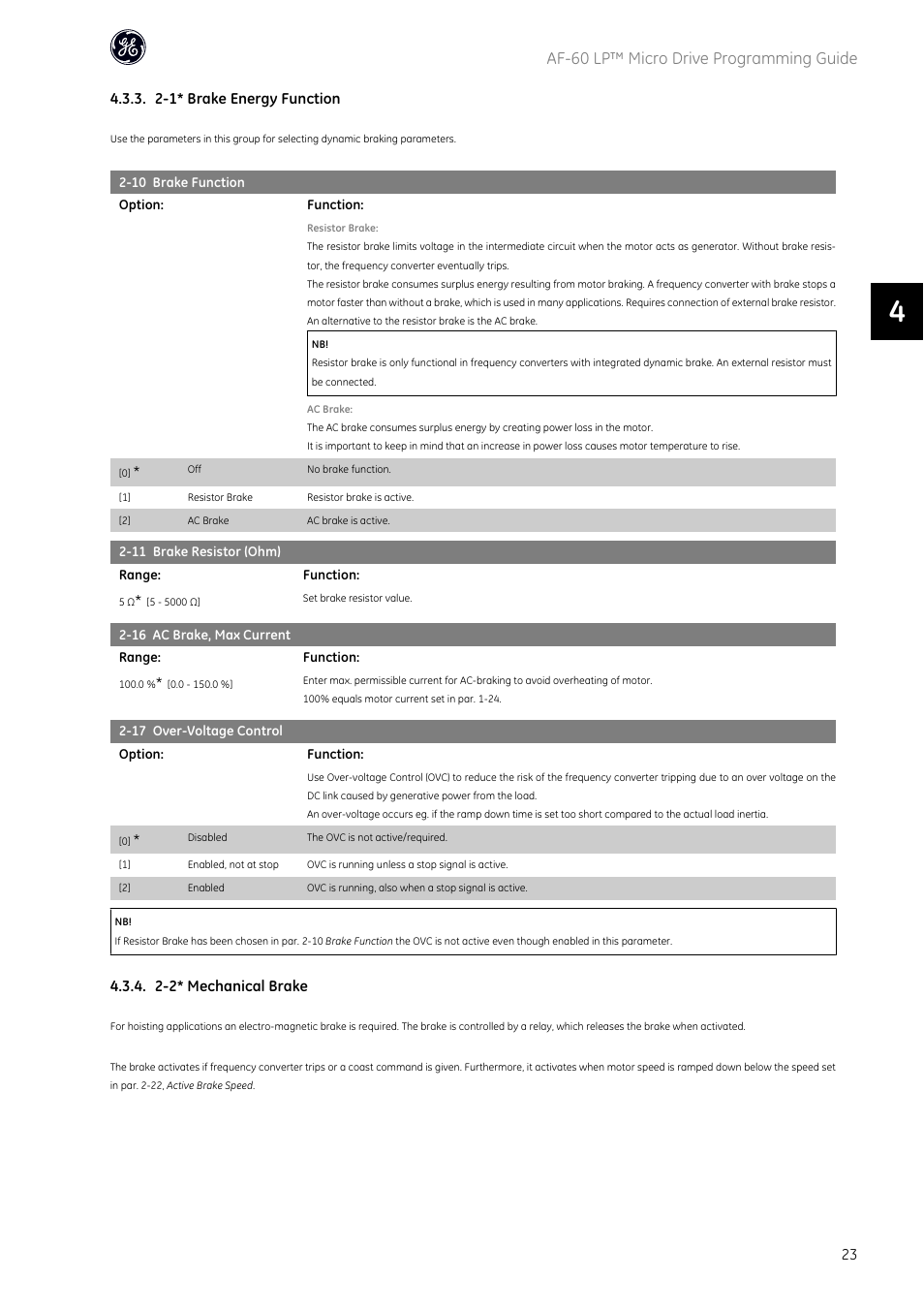 Af-60 lp™ micro drive programming guide, 2-1* brake energy function, 2-2* mechanical brake | GE Industrial Solutions AF-60 LP Micro Drive User Manual | Page 24 / 86