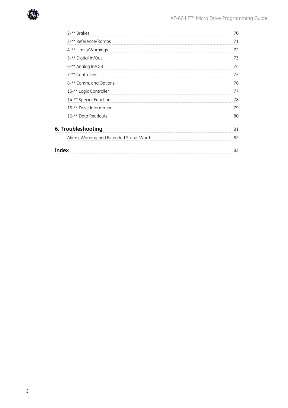 Troubleshooting, Index | GE Industrial Solutions AF-60 LP Micro Drive User Manual | Page 3 / 86