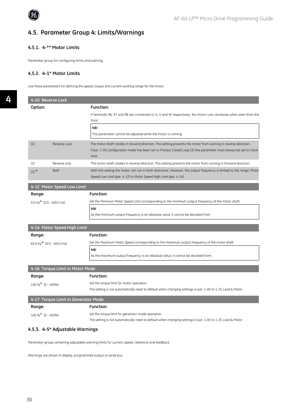 Parameter group 4: limits/warnings, Af-60 lp™ micro drive programming guide | GE Industrial Solutions AF-60 LP Micro Drive User Manual | Page 31 / 86