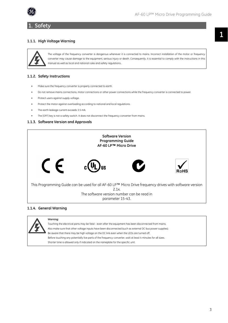 Safety | GE Industrial Solutions AF-60 LP Micro Drive User Manual | Page 4 / 86