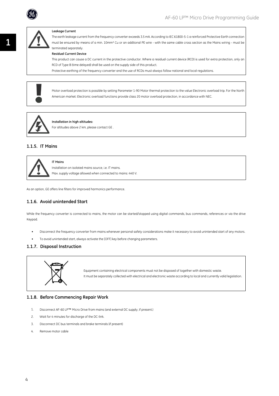Af-60 lp™ micro drive programming guide, It mains, Avoid unintended start | Disposal instruction, Before commencing repair work | GE Industrial Solutions AF-60 LP Micro Drive User Manual | Page 5 / 86