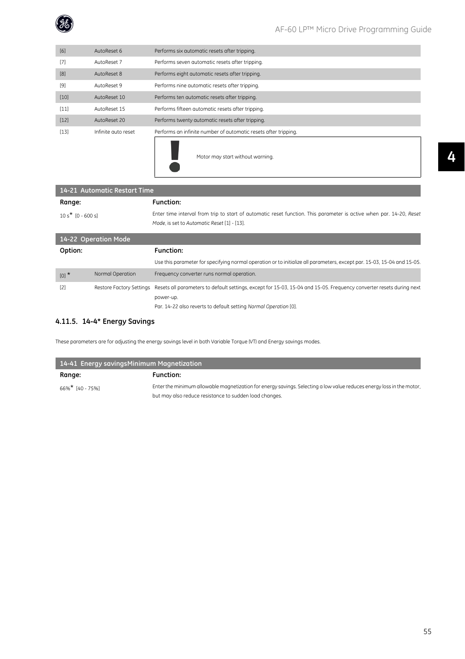 Af-60 lp™ micro drive programming guide, 14-4* energy savings | GE Industrial Solutions AF-60 LP Micro Drive User Manual | Page 56 / 86