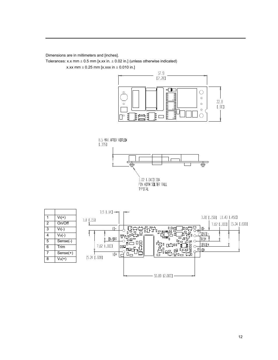 Mechanical outline for surface mount module, Top view, Bottom view | GE Industrial Solutions EQW006 Series User Manual | Page 12 / 19