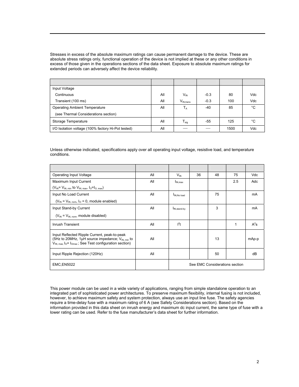 Absolute maximum ratings, Electrical specifications | GE Industrial Solutions EQW006 Series User Manual | Page 2 / 19