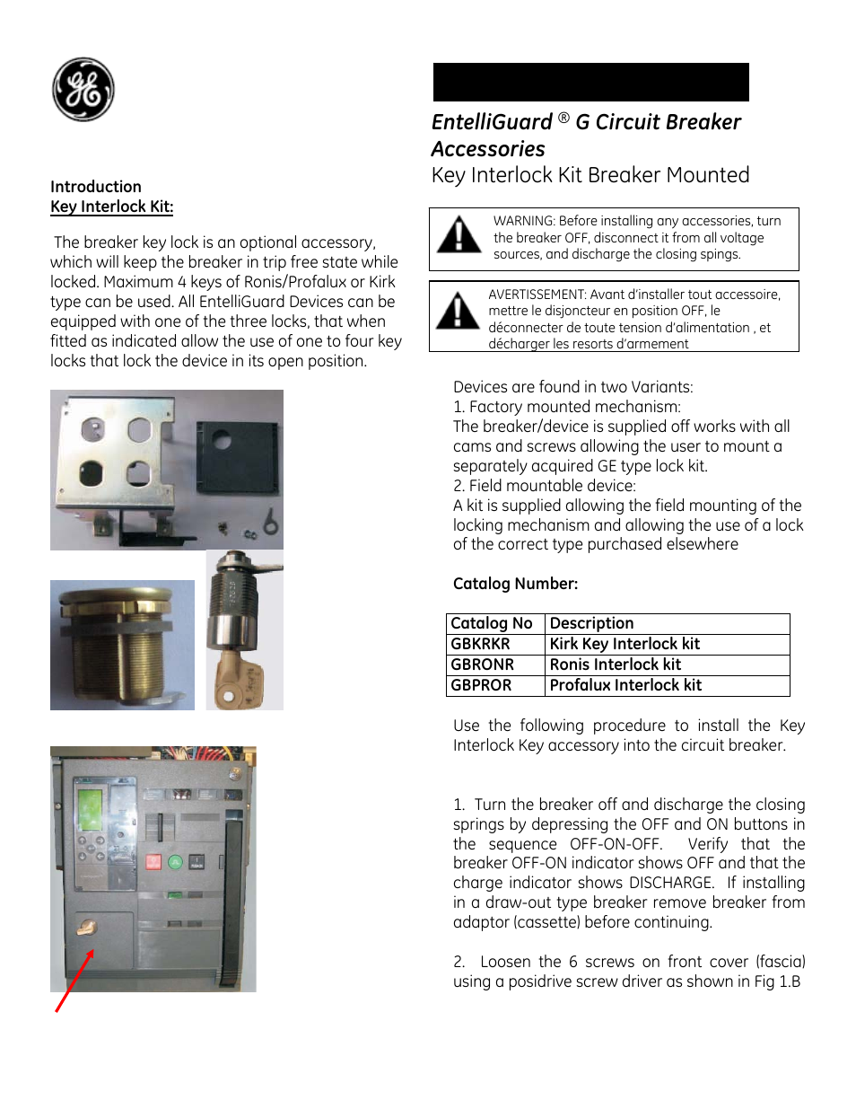 GE Industrial Solutions EntelliGuard G Key Interlock Kit User Manual | 4 pages