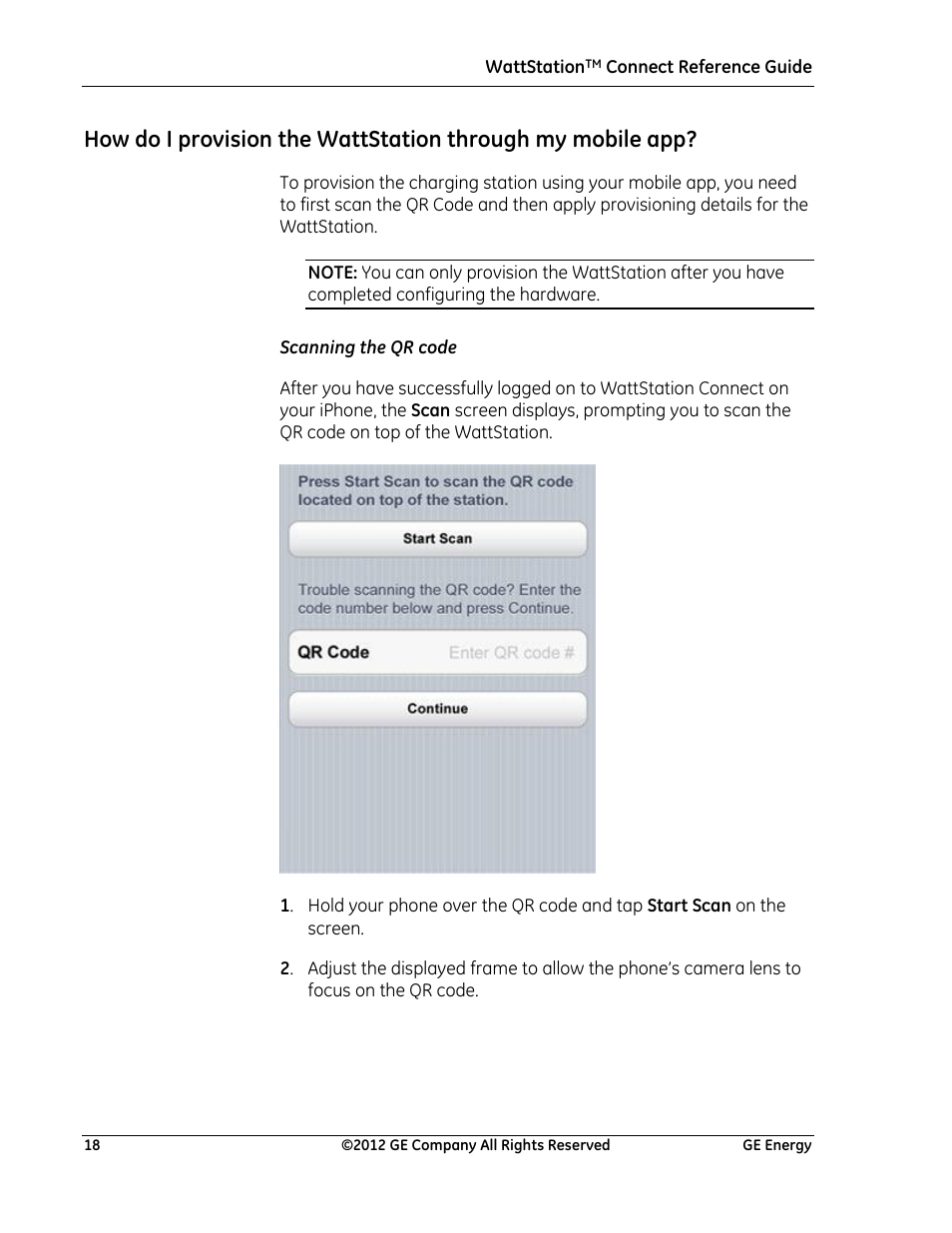 Scanning the qr code | GE Industrial Solutions WattStation Connect Reference Guide for the Install User Manual | Page 18 / 27