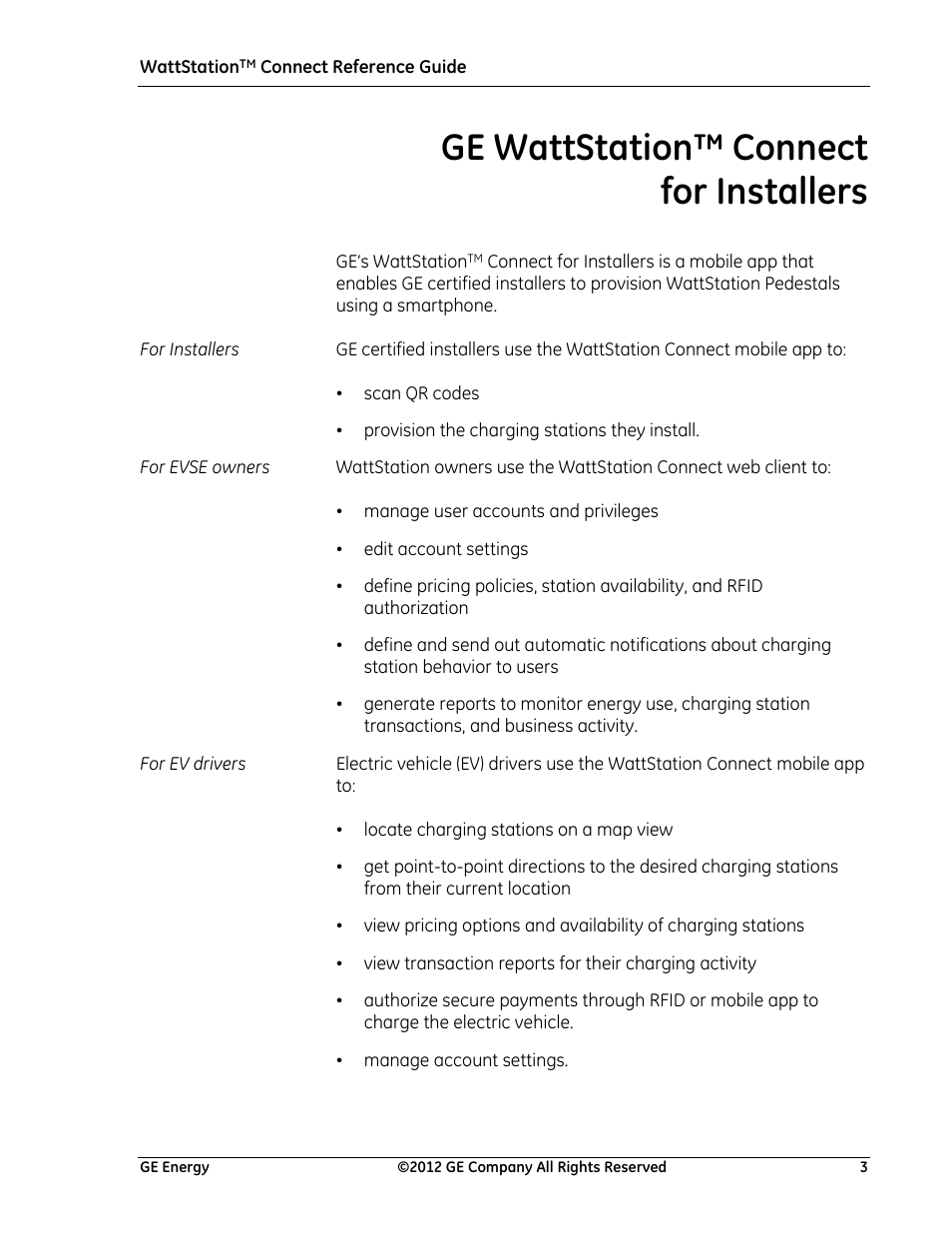 Ge wattstation™ connect for installers | GE Industrial Solutions WattStation Connect Reference Guide for the Install User Manual | Page 3 / 27