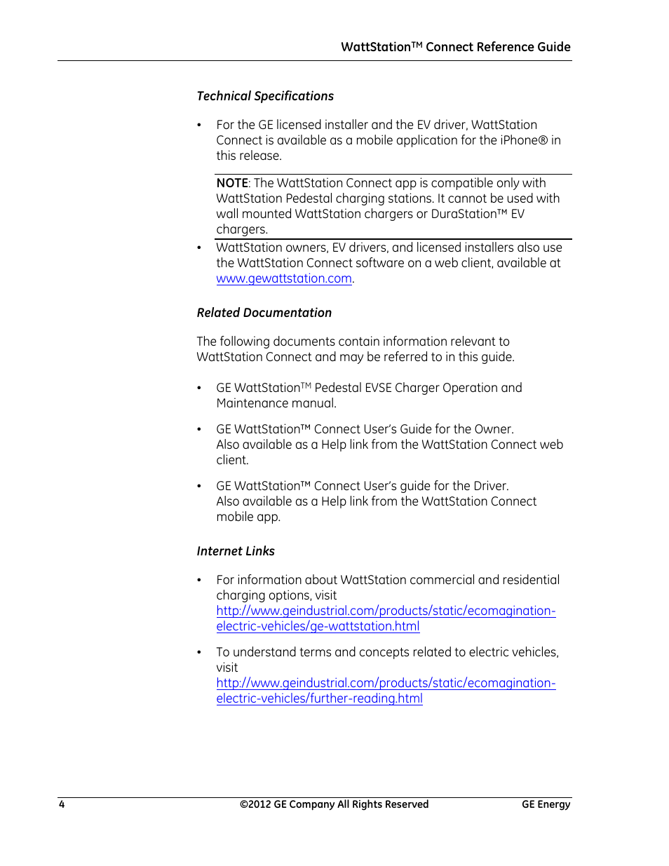 Technical specifications, Related documentation, Internet links | GE Industrial Solutions WattStation Connect Reference Guide for the Install User Manual | Page 4 / 27