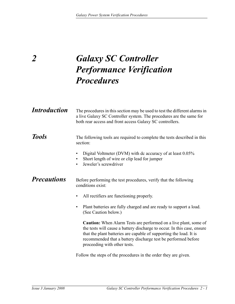 Introduction, Tools, Precautions | 2 galaxy sc controller performance, Verification procedures | GE Industrial Solutions Galaxy Verification User Manual | Page 13 / 102