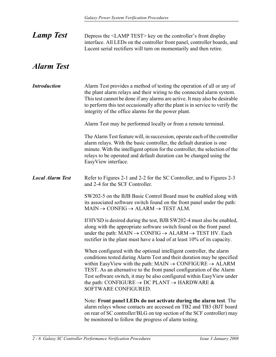 Lamp test, Alarm test, Local alarm test | GE Industrial Solutions Galaxy Verification User Manual | Page 18 / 102