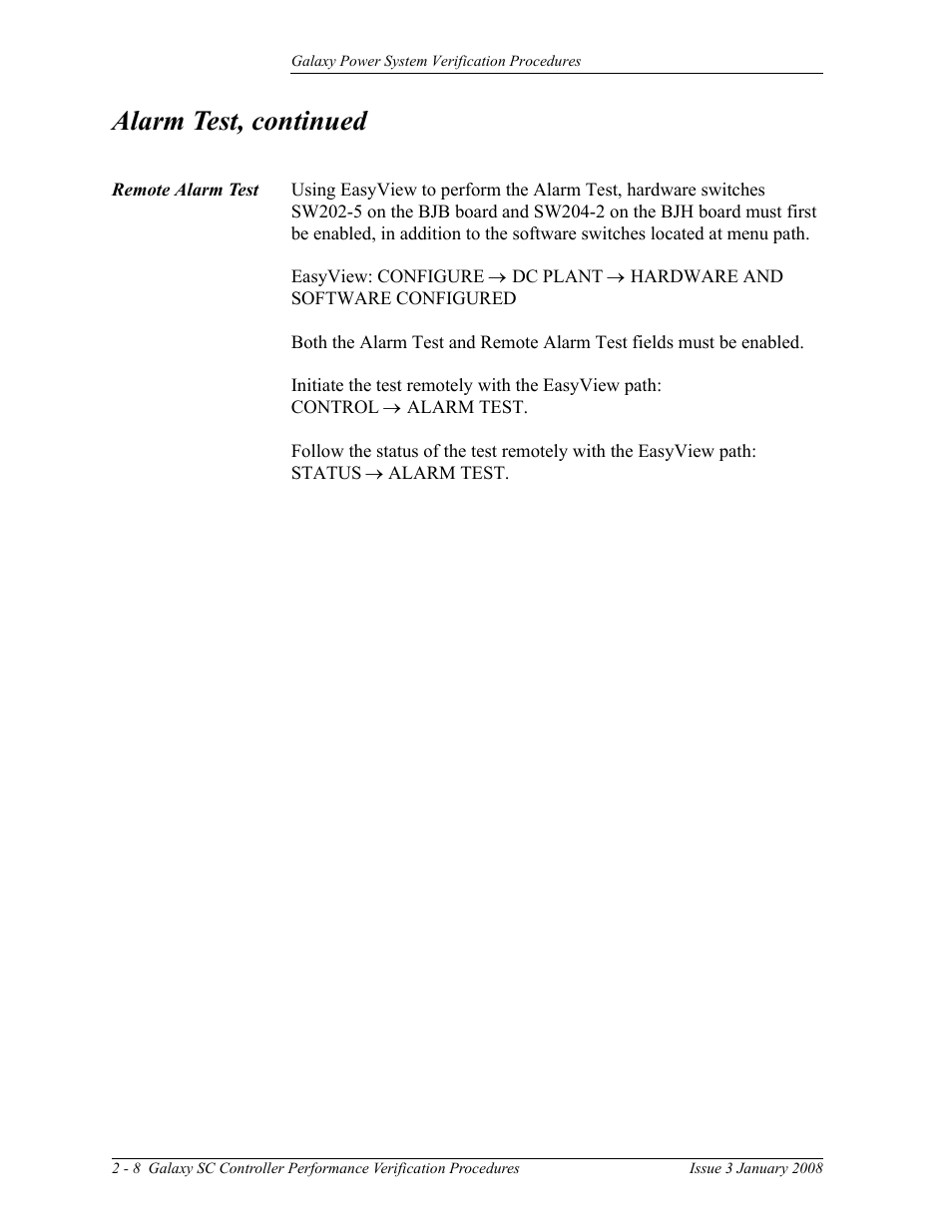 Remote alarm test, Alarm test, continued | GE Industrial Solutions Galaxy Verification User Manual | Page 20 / 102
