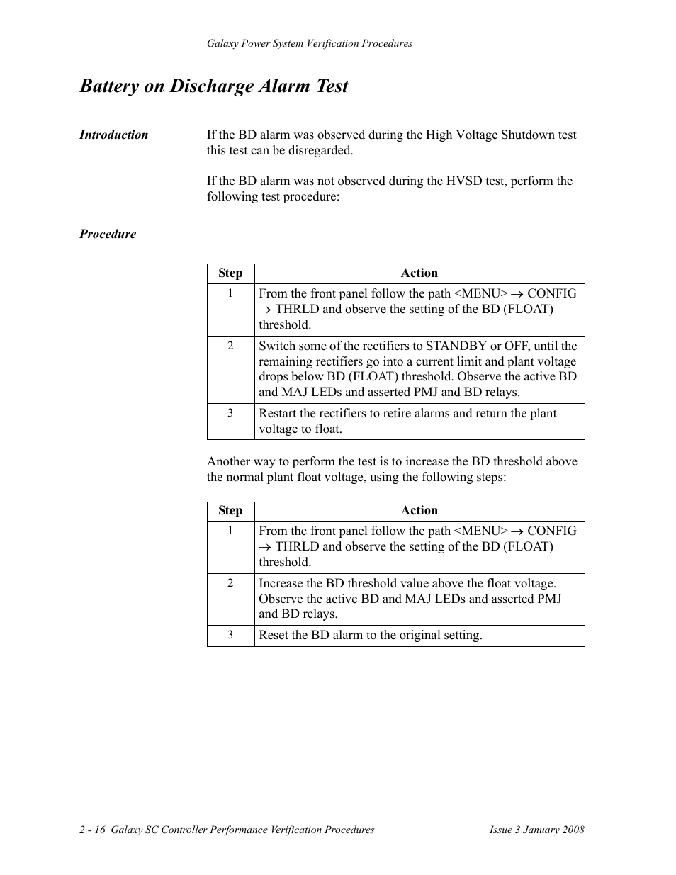 Battery on discharge alarm test | GE Industrial Solutions Galaxy Verification User Manual | Page 28 / 102