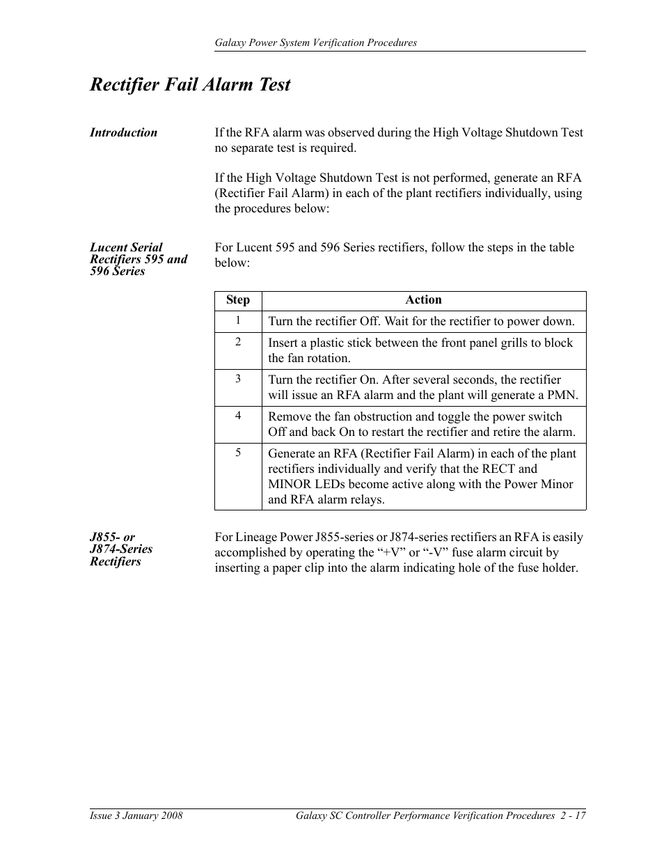 Rectifier fail alarm test, Lucent serial rectifiers 595 and 596 series, J855- or j874-series rectifiers | GE Industrial Solutions Galaxy Verification User Manual | Page 29 / 102