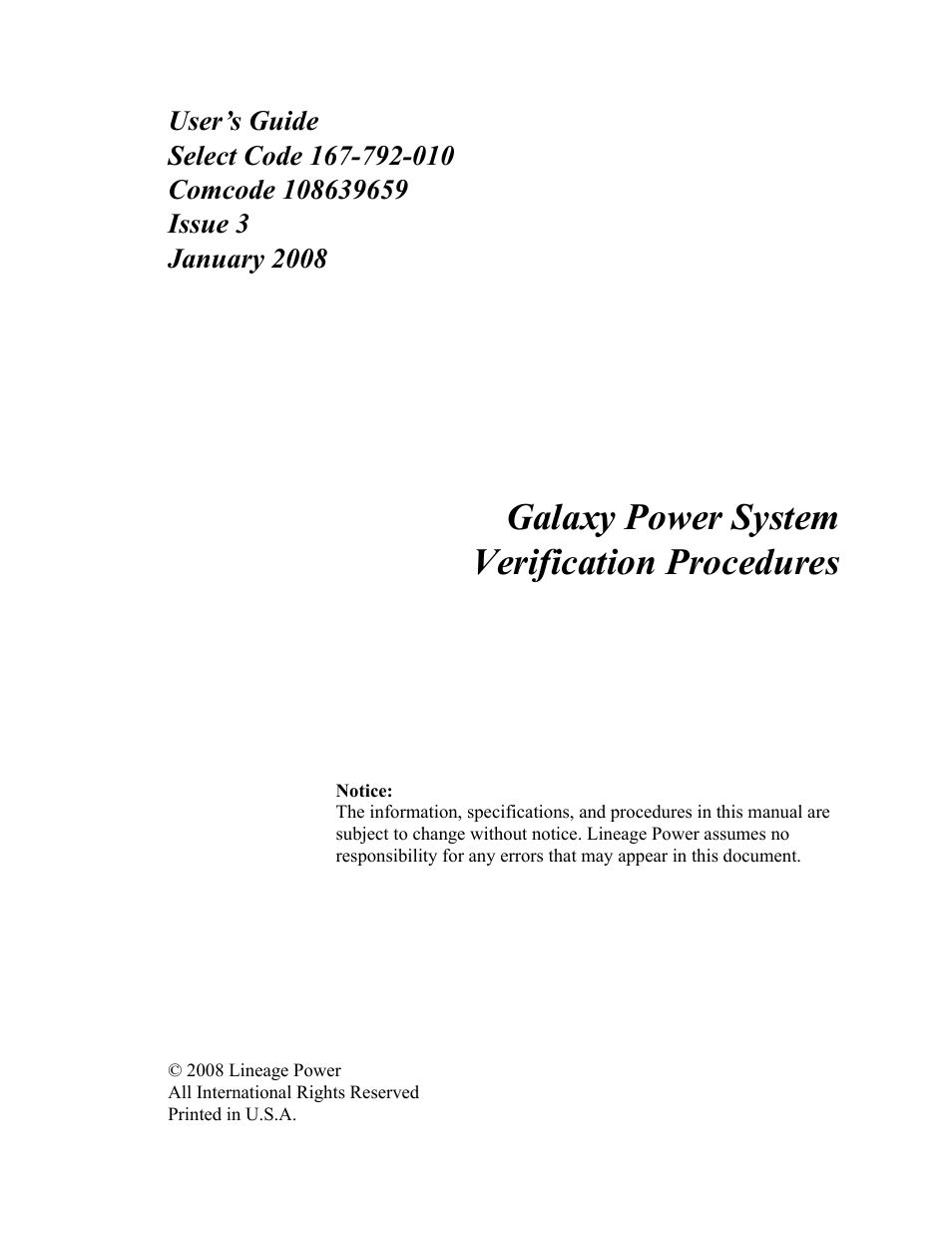 Galaxy power system verification procedures | GE Industrial Solutions Galaxy Verification User Manual | Page 3 / 102