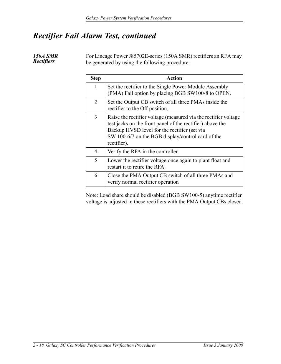 150a smr rectifiers, Rectifier fail alarm test, continued | GE Industrial Solutions Galaxy Verification User Manual | Page 30 / 102