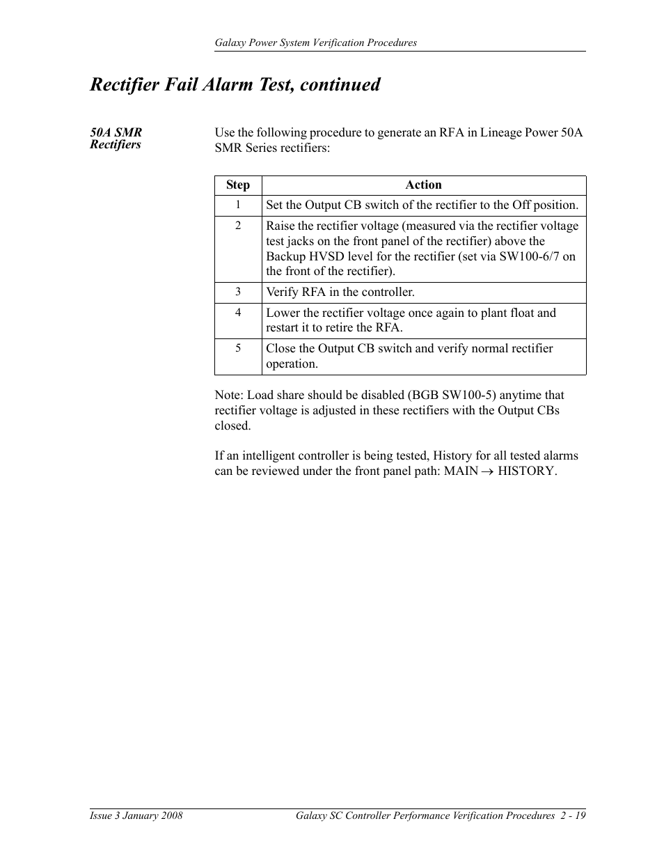 50a smr rectifiers, Rectifier fail alarm test, continued | GE Industrial Solutions Galaxy Verification User Manual | Page 31 / 102